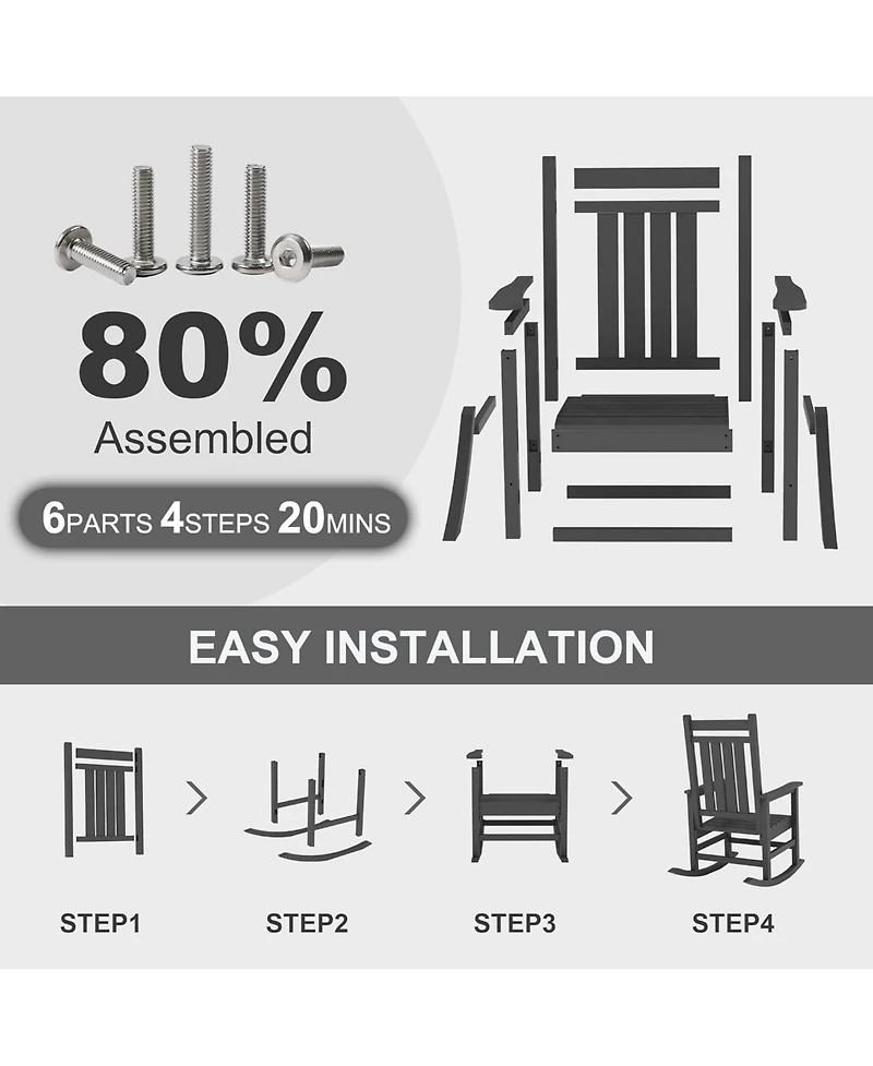 gaomon All-Weather Outdoor Rocker with High Back and Wide Seat, 350 lb Capacity, Stainless Steel Hardware, 80% Pre-Assembled