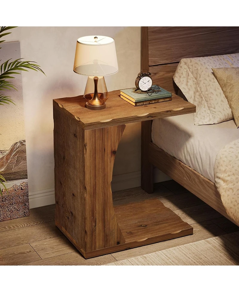 Tribesigns C-Shaped End Table for Living Room Set of 2, Solid Wood Narrow Skinny Side Table, Farmhouse Bedside Nightstand