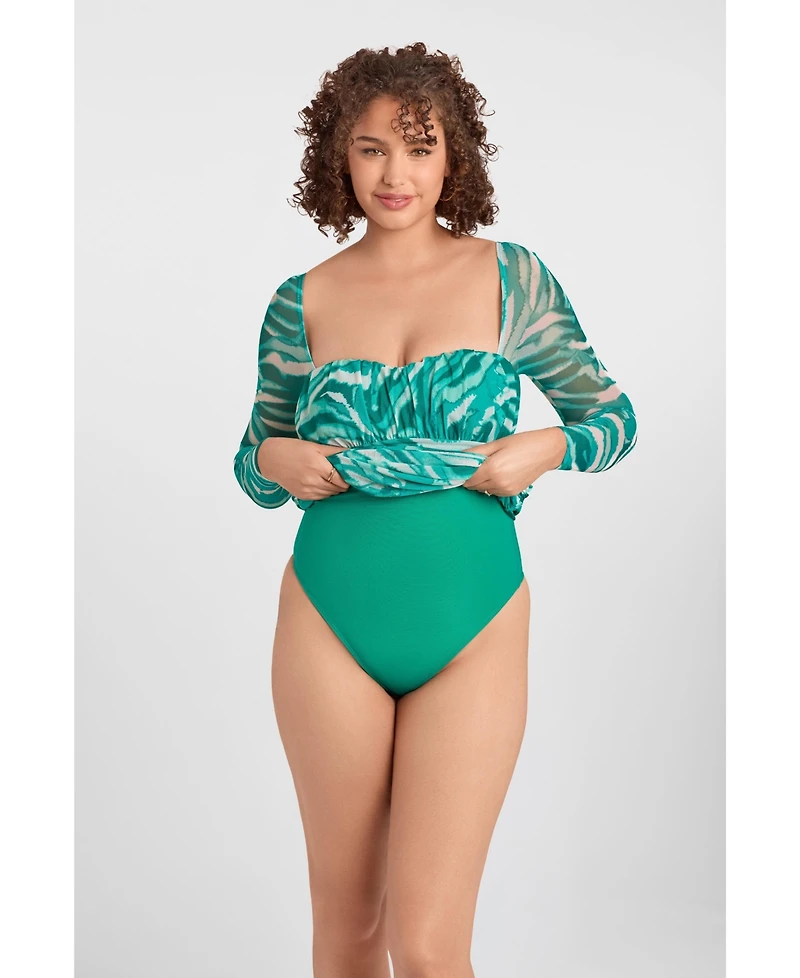 S3 Apparel Women's Shirred Mesh Sweetheart Long Sleeve Sculpting Mini Dress with Built-In Shapewear