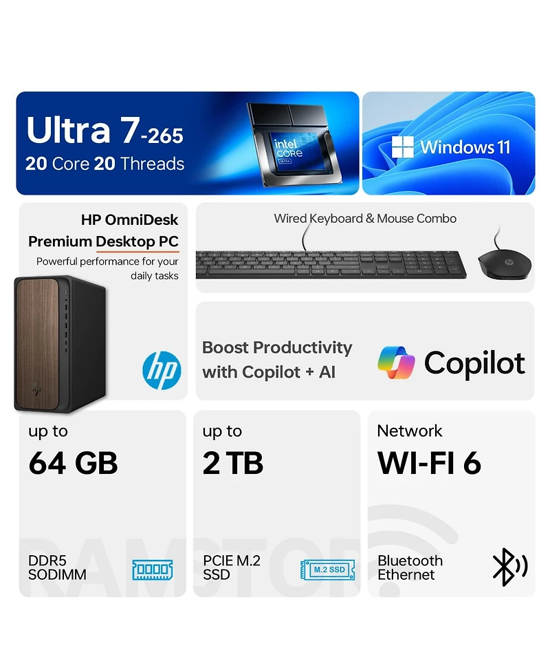 Hp OmniDesk Tower Desktop Intel Core Ultra 7 16GB Ram Intel Graphics 2TB Ssd Storage Windows 11 Pro