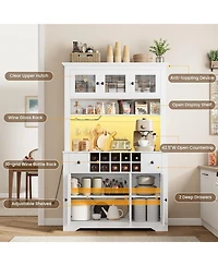 gaomon 68.7" Coffee Bar Cabinet with Led Light & Power Outlet, Farmhouse Kitchen Hutch 2 Storage Drawers, Wine Glass Rack, Adjustable Shelve