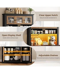 gaomon 68.7" Coffee Bar Cabinet with Led Light & Power Outlet, Farmhouse Kitchen Hutch 2 Storage Drawers, Wine Glass Rack, Adjustable Shelve