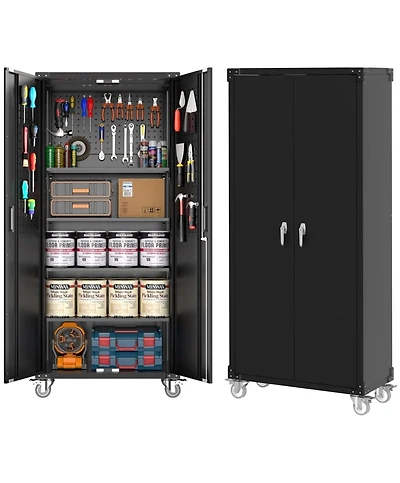 gaomon Metal Garage Storage Cabinet with Doors and Wheels, 72" High Lockable Storage with 4 Adjustable Shelves and Pegboard, for Garage Workshop