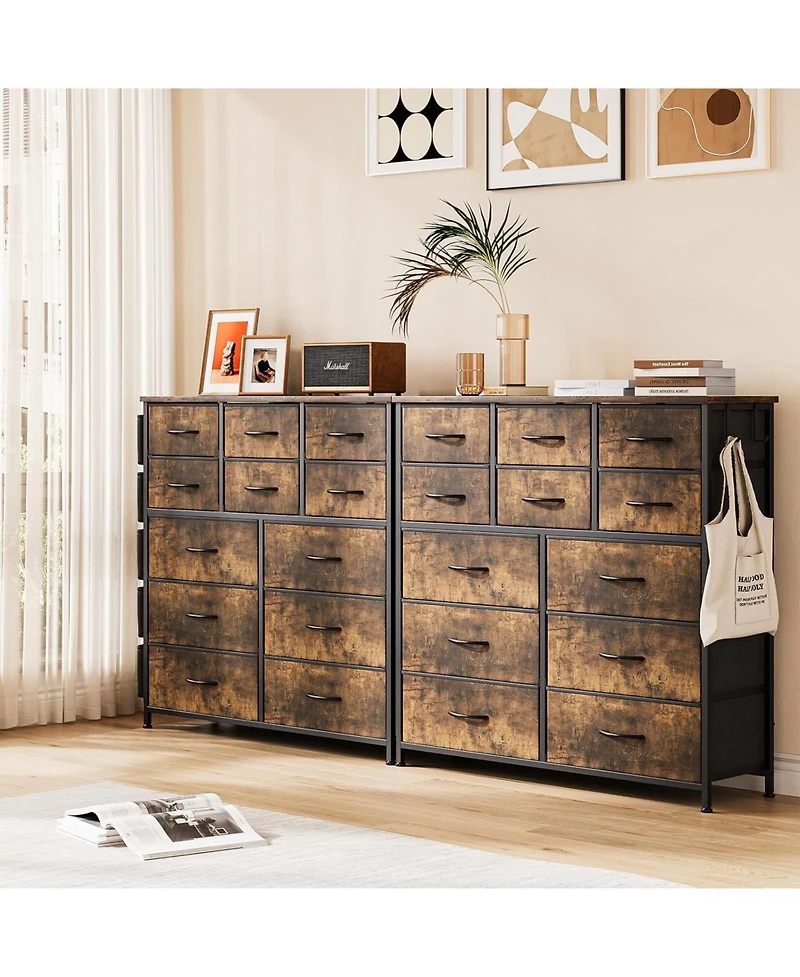 gaomon 12 Drawer Fabric Dresser with Side Pockets & Hooks Tall Storage Chest Sturdy Steel Frame, Wooden Top, Easy Pull Handles