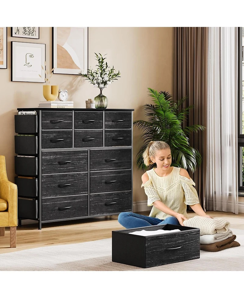 gaomon 12 Drawer Fabric Dresser with Side Pockets & Hooks Tall Storage Chest Sturdy Steel Frame, Wooden Top, Easy Pull Handles