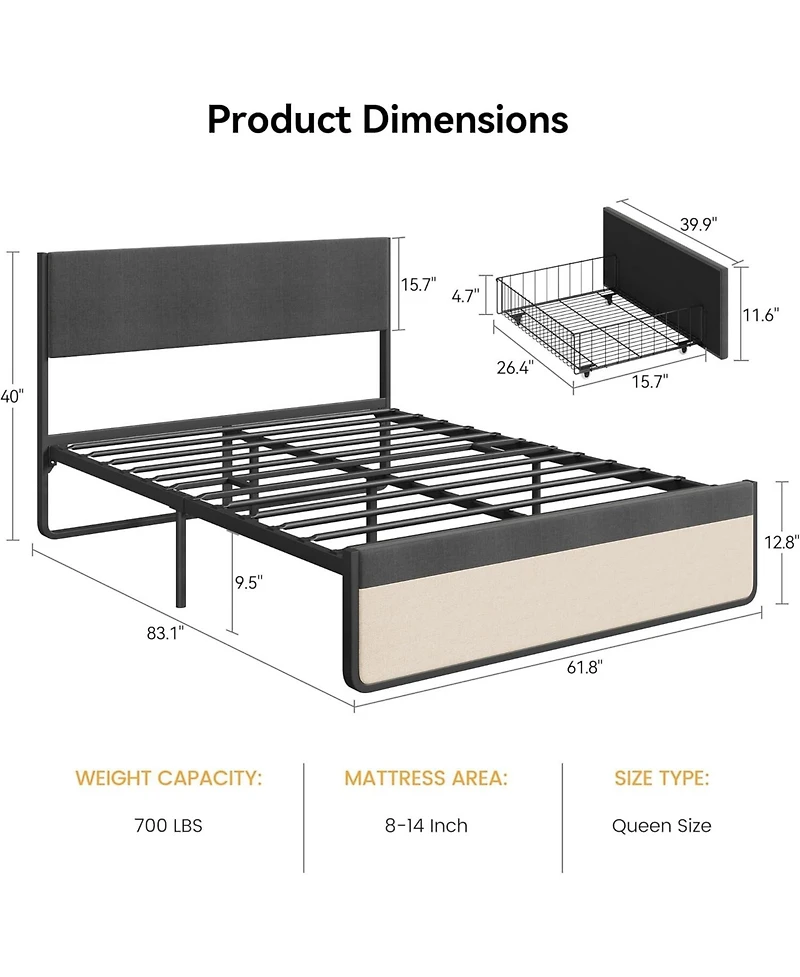 gaomon Platform Bed Frame Upholstered Headboard with 2 Large Drawers Metal Slats No Noise No Box Spring Easy Assembly