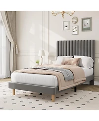 gaomon Twin Bed Frame with Adjustable Headboard, Velvet Upholstered Platform Bed Frame Twin Size, Vertical Channel Tufted