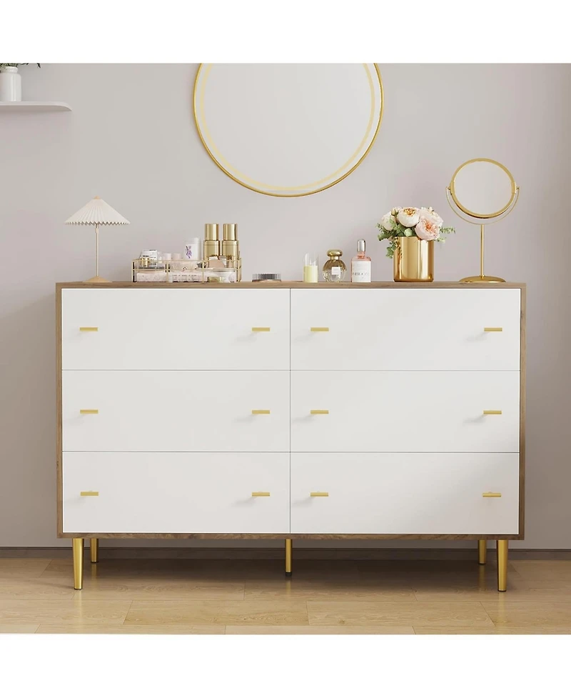 gaomon Farmhouse 6-Drawer Dresser, 47.2" Wide Rustic Wooden Chest with Bar Handles, Wide Storage Cabinet for Bedroom, Living Room, Entryway