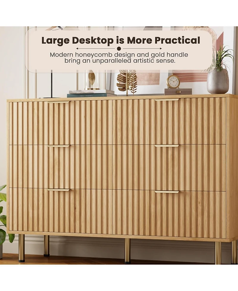 gaomon Fluted 6-Drawer Dresser, Modern Wooden Chest with Gold Legs, Large Storage Organizer for Bedroom, Living Room, Kids Room