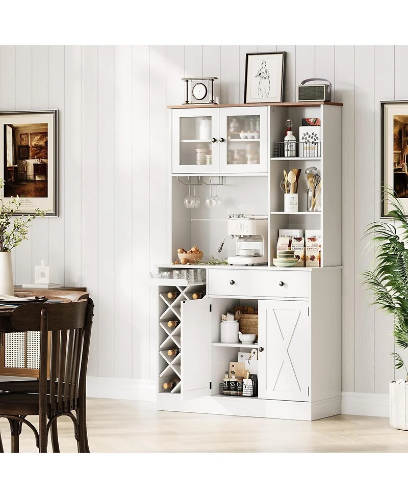 gaomon Coffee Bar Cabinet with Power Outlet & Exquisite Barn Doors, Sideboard Buffet Cabinet with Wine Bottle Rack, Storage Cabinet for Kitchen