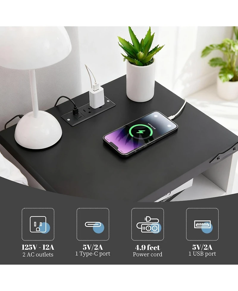 gaomon Modern Farmhouse Nightstand - Usb & Outlet Charging Station for Bedroom, 2 Drawer Industrial Bedside Table with Storage