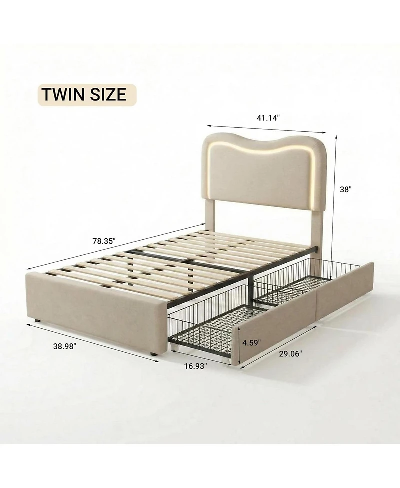 gaomon Boucle Bed Frame with 2 Storage Drawers, Upholstered Platform Bed with Led Headboard, Solid Wood Slats Support, No Box Spring Needed for Kids