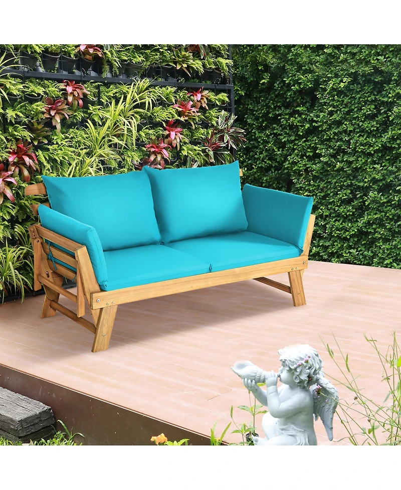 Gymax Adjustable Patio Sofa Daybed Acacia Wood Furniture w/ Cushion