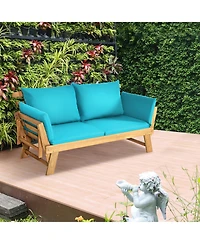 Gymax Adjustable Patio Sofa Daybed Acacia Wood Furniture w/ Cushion