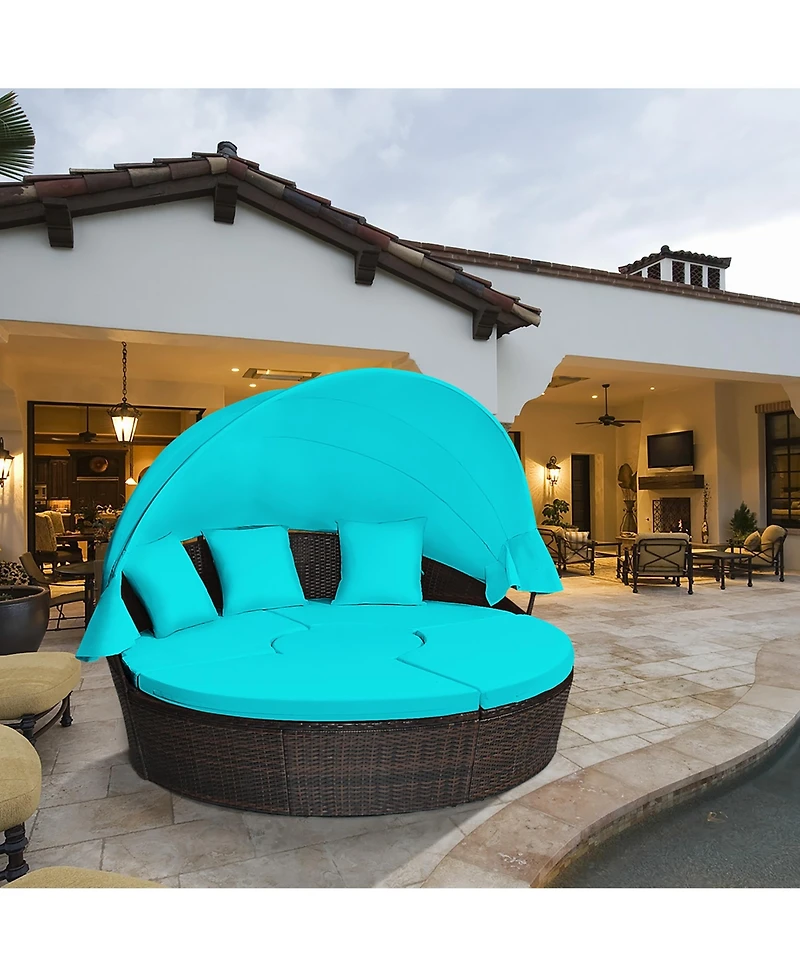 Gymax Cushioned Patio Rattan Round Daybed w/ Adjustable Table 3 Pillows