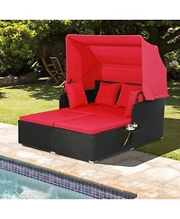 Gymax Patio Hand-Woven Pe Wicker Daybed Outdoor Loveseat Sofa Set w/ Cushions