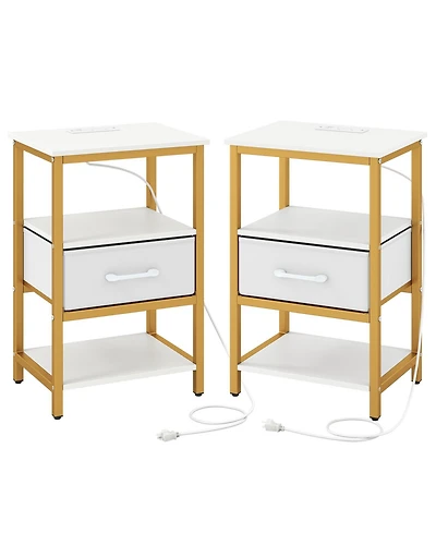 Sugift Nightstand with Charging Station and Adjustable Fabric Drawer for Bedroom and Living Room-Set of 2