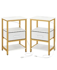 Sugift Nightstand with Charging Station and Adjustable Fabric Drawer for Bedroom and Living Room-Set of 2