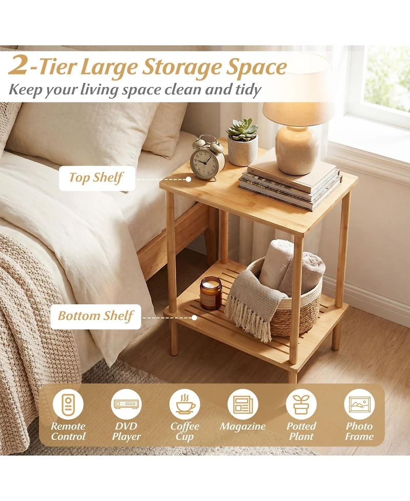 Sugift Side Table Set of 2 ,2-Tier Bamboo End Table with Storage Shelves Rectangular Tea Sofa Table