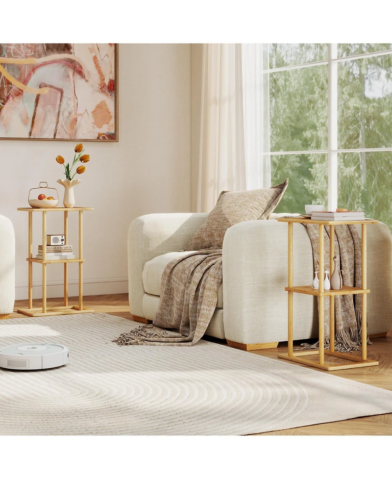Sugift 2 Pieces Side Table with Storage Shelves and Bamboo Construction
