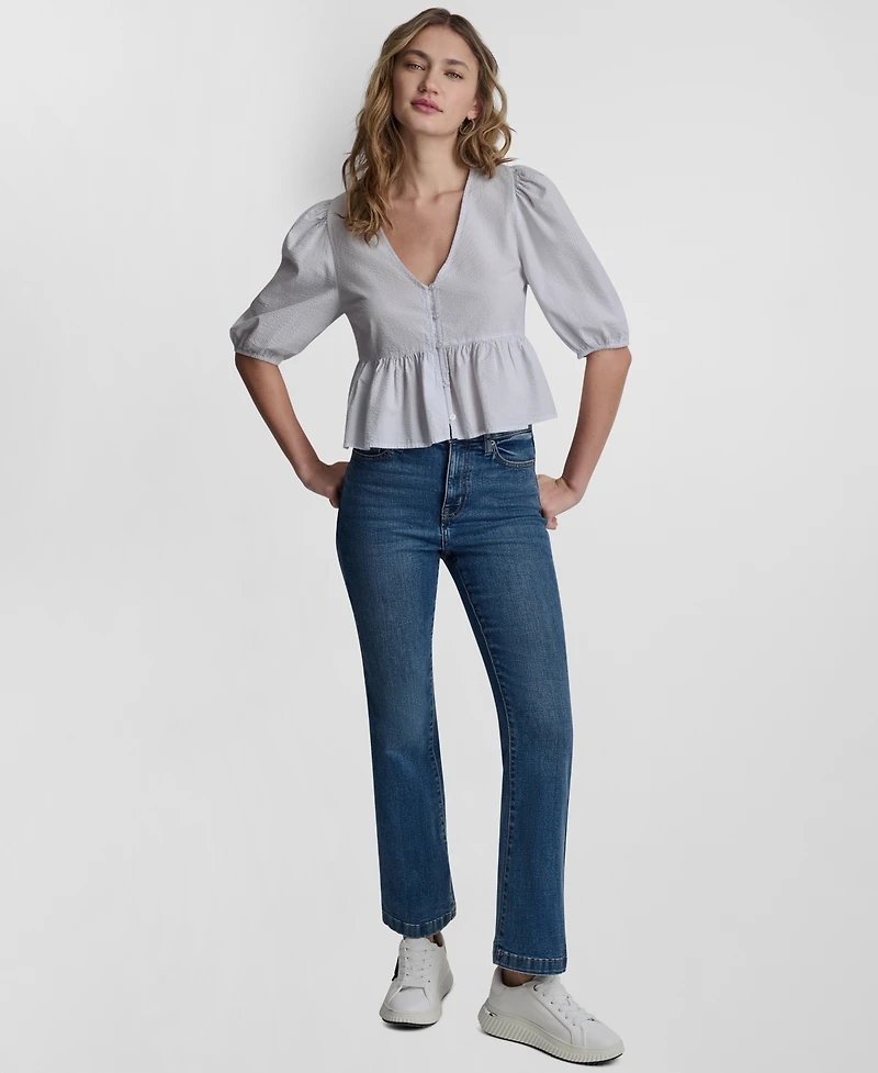 Dkny Jeans Petite Puff-Sleeve V-Neck Top