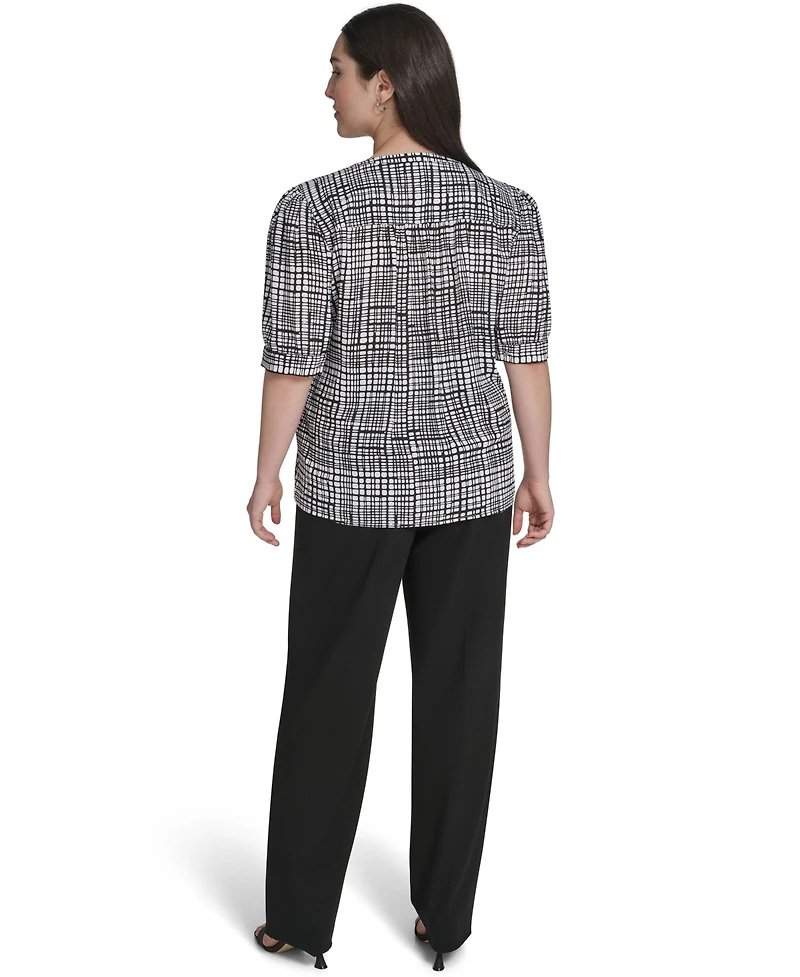 Calvin Klein Plus Printed Short-Sleeve Button-Down Blouse