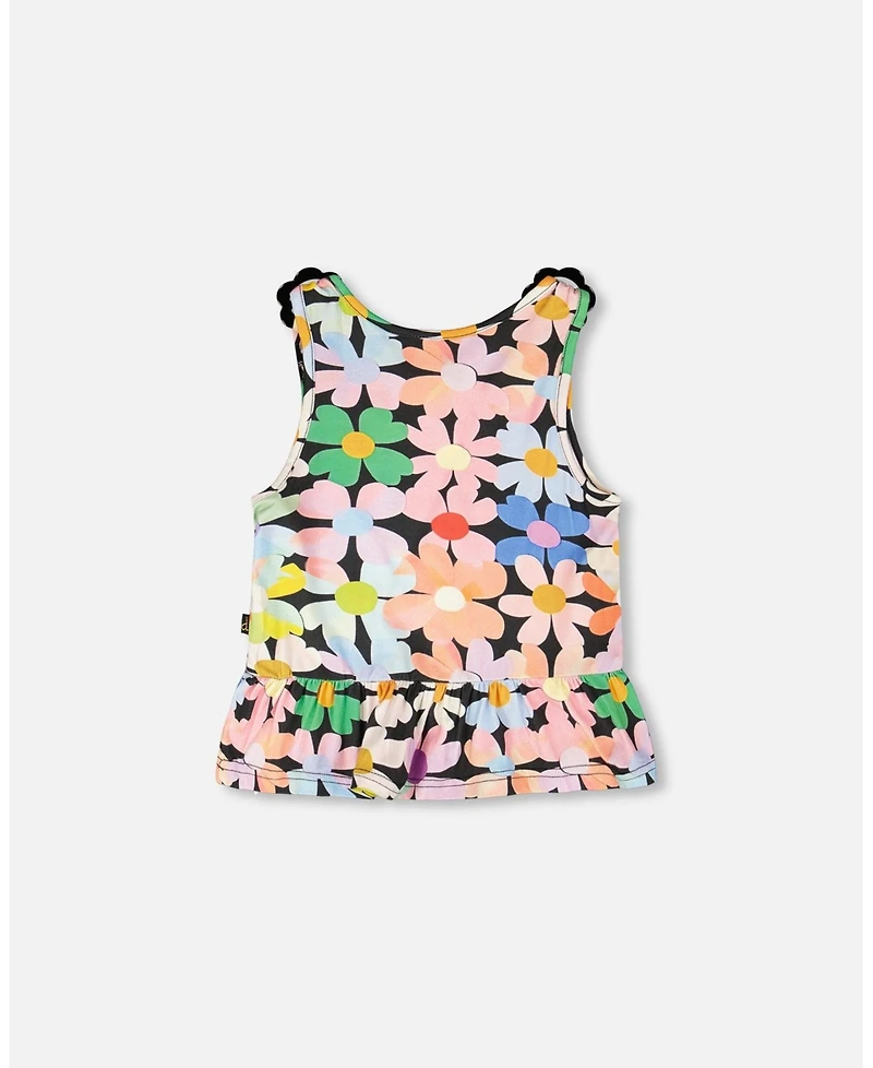 Deux par Deux Little Girls Jersey Tank Top Black Printed Flowers