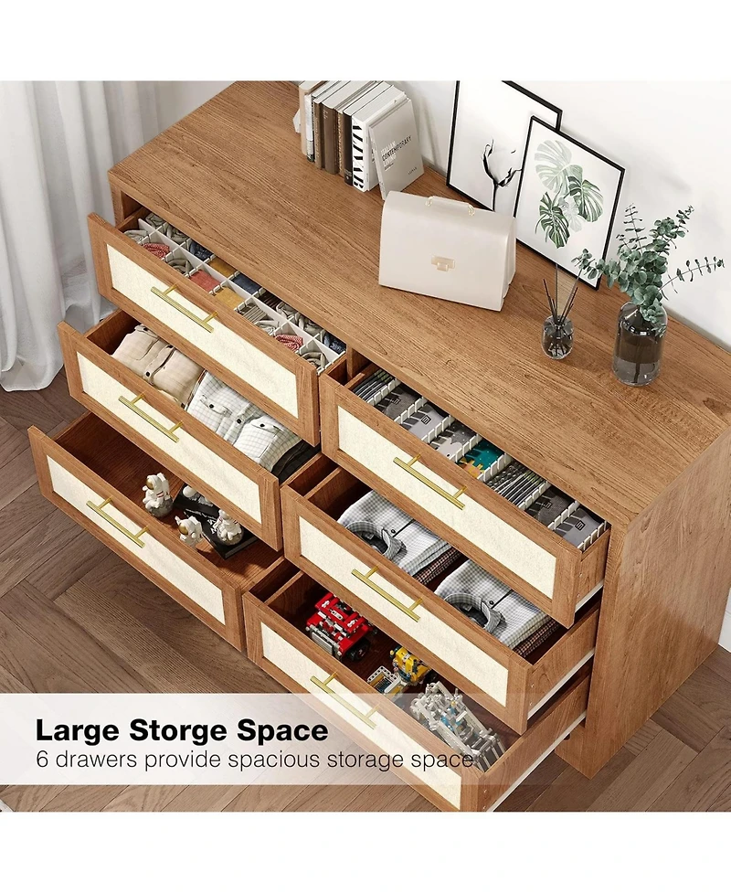 gaomon 6 Drawer Burlap Dresser Mid Century Modern Wooden Storage Chest Wide Boho Dresser for Bedroom Living Room