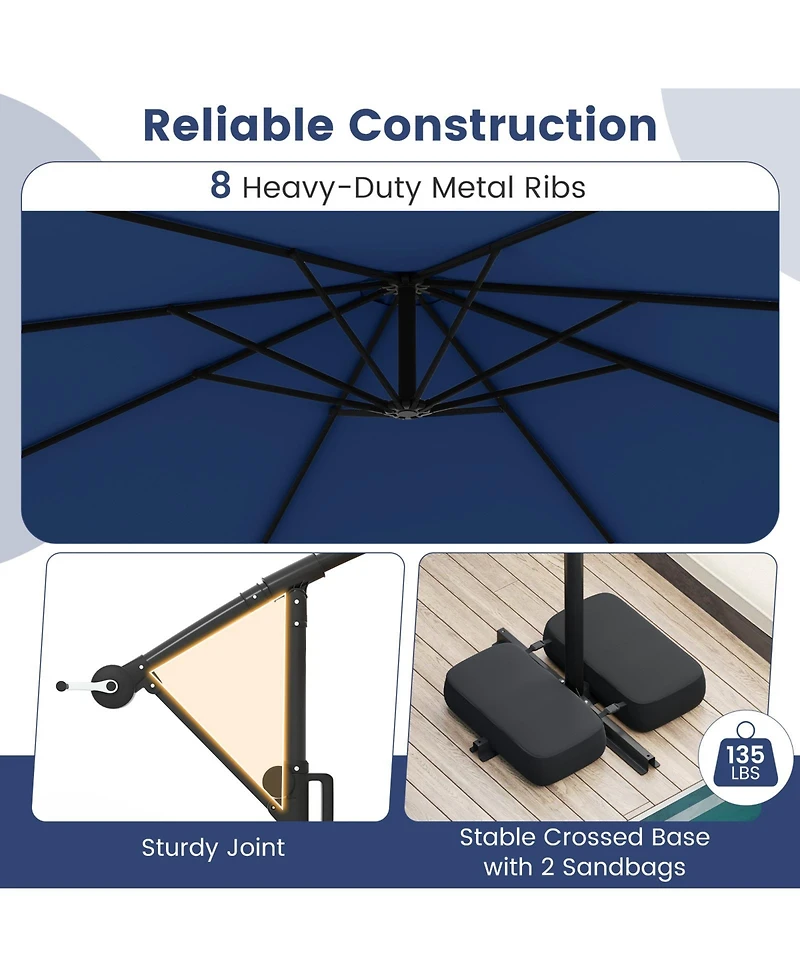 Sugift 10 ft Solar Offset Hanging Umbrella with Base and Led Lights