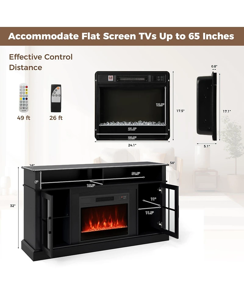 Sugift 58 in Fireplace Tv Stand with Led Lights and Glass Doors