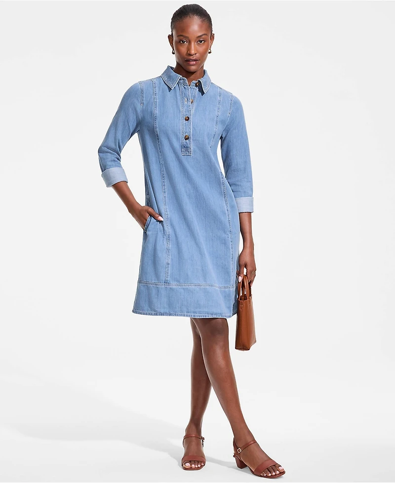 Lands' End Women's Light Weight Denim Popover At the Knee Dress