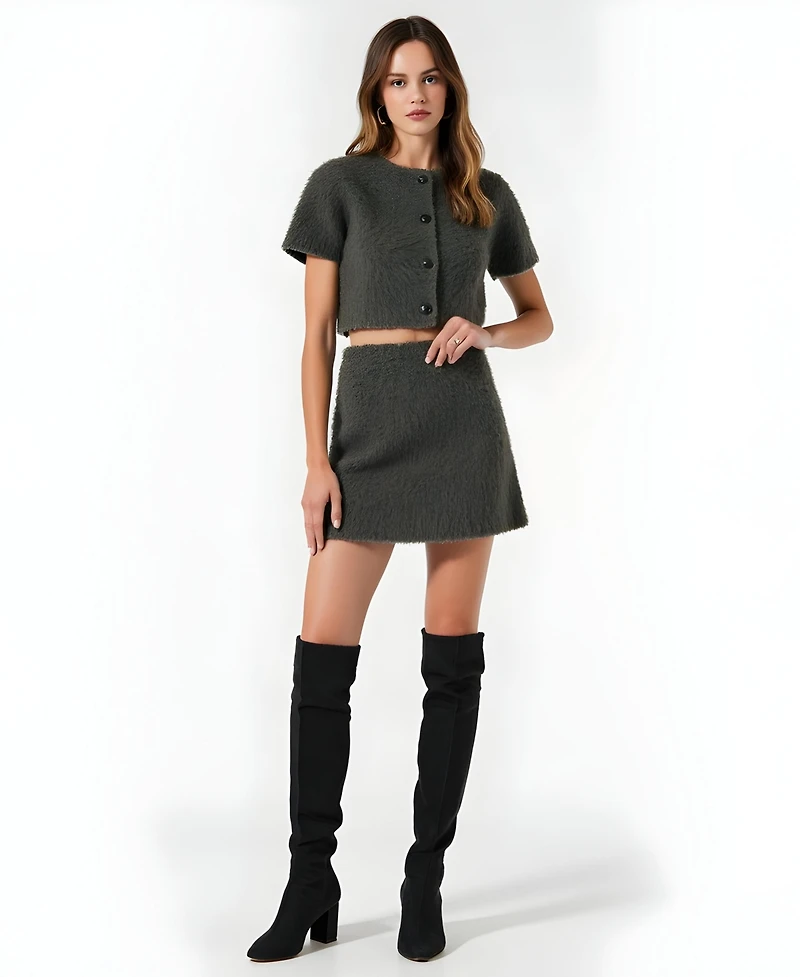 Modenaire Women's Fuzzy Knit Crop Top and Mini Skirt Set