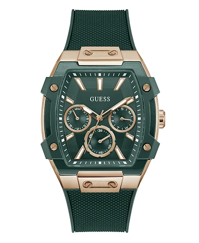 Guess Men's Rose Gold-Tone Green Silicone Multi-Function Watch, 44mm