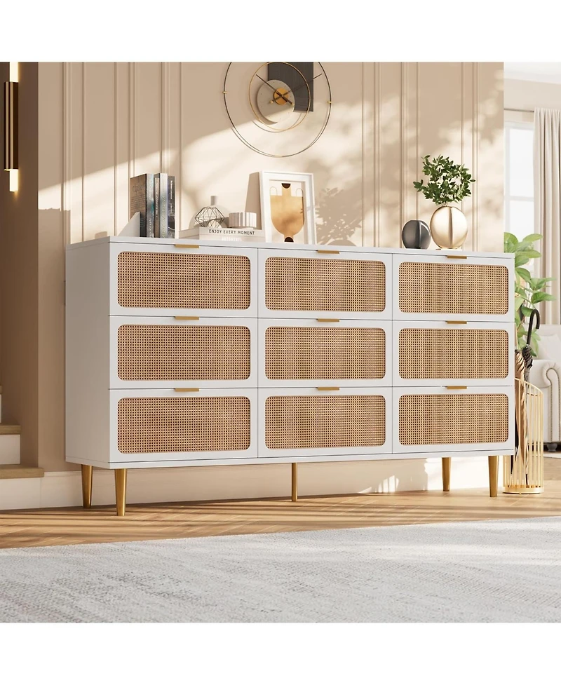 gaomon Rattan 9 Drawer Dressers for Bedroom, Tall Dresser with Deep Drawers, Large Chest of Drawers for Closet with Wide Top