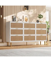 gaomon Rattan 9 Drawer Dressers for Bedroom, Tall Dresser with Deep Drawers, Large Chest of Drawers for Closet with Wide Top