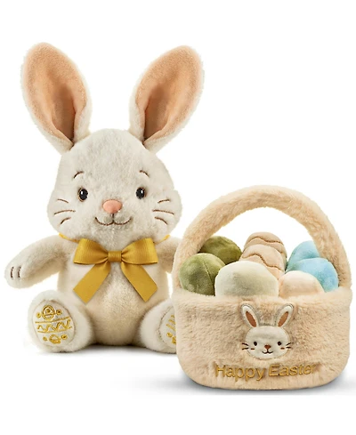 Sperric Easter Plush Bunny and Basket with Egg Toy Set, 13" Soft Cuddly Stuffed Bunny Bow and 9.5" Easter Basket with 10pc Plush Eggs