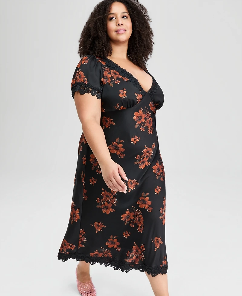And Now This Trendy Plus Lace-Trim Floral Satin Midi Dress, Macy's Exclusive