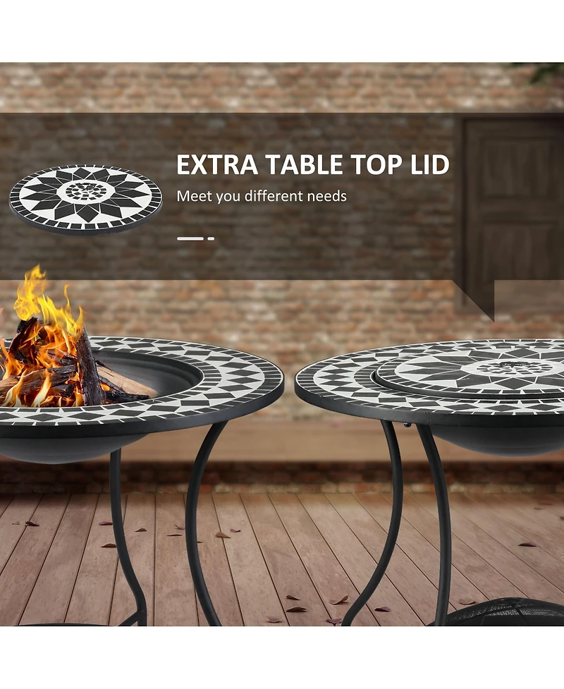 Outsunny 30" Outdoor Fire Pit & Ice Bucket & Side Table, Round Tile Tabletop, Steel Wood Burning Bowl, Spark Screen Lid for Patio, Backyard, Patio, Ga