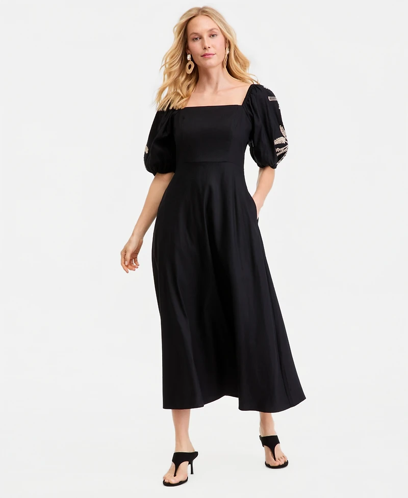 I.n.c. International Concepts Women's Linen-Blend Embroidered Puff-Sleeve Midi Dress, Macy's Exclusive