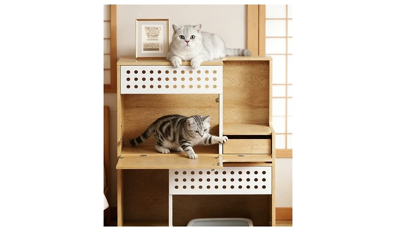 Zeus and Ruta Modern 2 In 1 Cat Furniture With Litter Box Enclosure Side Table and Storage in Natural