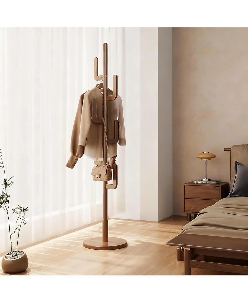 Yigii Solid Wood Cactus-Style Coat Rack, 6 Hooks, 3 Height Settings