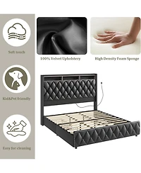 gaomon Queen Upholstered Platform Bed Frame with 4 Drawers, Nailhead Headboard, Charging Station, Led Lights, No Box Spring