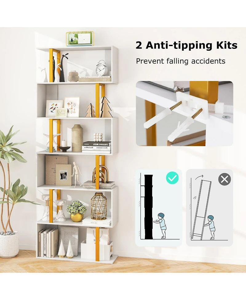 Slickblue 5-Tier/6-Tier Geometric Bookcase with Metal Frame and Anti-tipping Kits-6-Tier