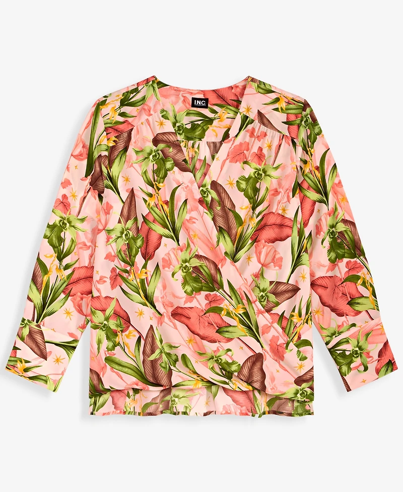 I.n.c. International Concepts Plus Printed Surplice Long-Sleeve Blouse, Macy's Exclusive