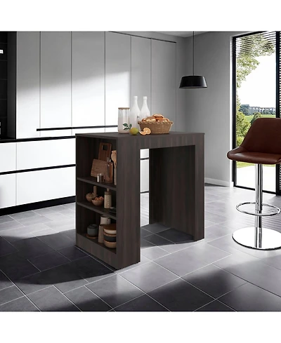 Depot E-shop Lacour Kitchen Island, Bar Table with 3-Side Shelves, Dark Walnut