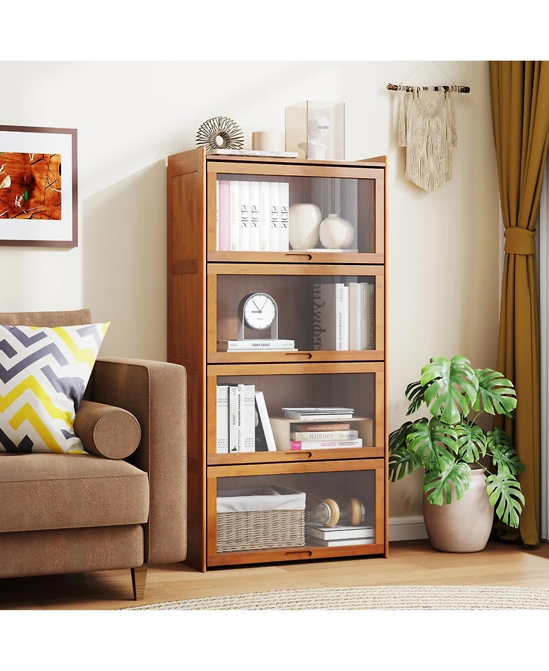 Sugift Four Tier Bamboo Bookcase with Cabinet Doors and Shelves