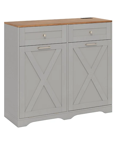 Sugift Tilt Out Trash Can Cabinet with Power Outlets and Shelf