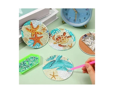 JDiction Diy Marine Animal Diamond Painting Coasters (16 Pcs) with Holder and Cork Base, 8 Ocean Patterns, Ideal for Home Decor and Holiday Gifting