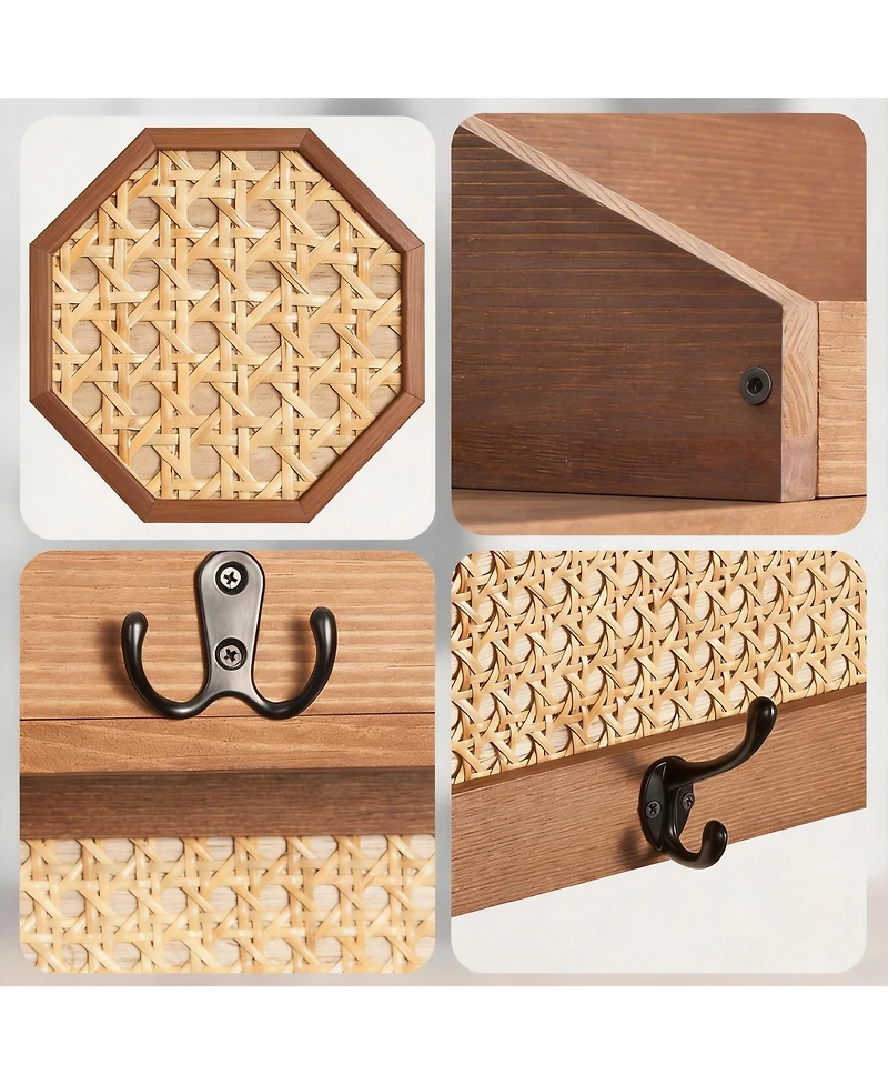 Yigii Pine & Rattan Wall Organizer - Decorative Storage for Coats & Keys