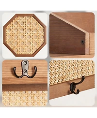Yigii Pine & Rattan Wall Organizer - Decorative Storage for Coats & Keys